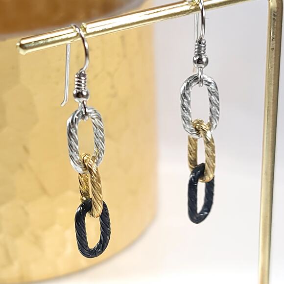 Tri-Color Link Earrings, Silver, Gold & Black Dangle Earrings, Modern Jewelry - Picture 3 of 10